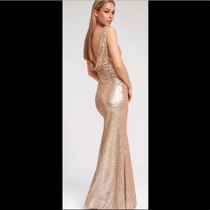 Lulu’s Slink & Wink Matte Rose Gold Sequin Maxi Dress; XL shortened hem
